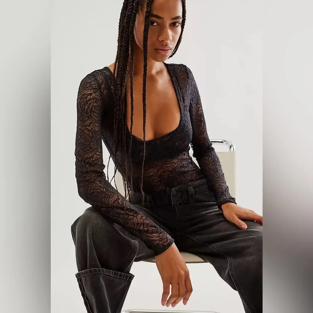 Free People Black Lace In My Head Bodysuit